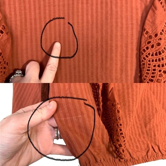 She + Sky Orange Boho Ruffle Eyelet Stripe Blouse Size Small Boho Chic - Picture 11 of 17